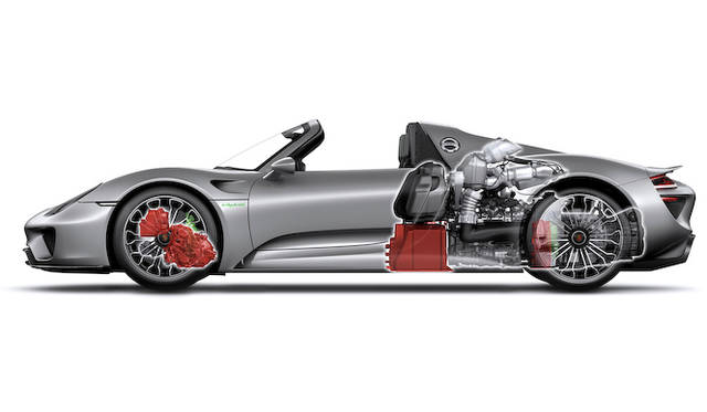 porsche_918_spyder_080 赤く着色されたパーツは、左から順にフロントモーター、バッテリー、リアモーターをあらわす