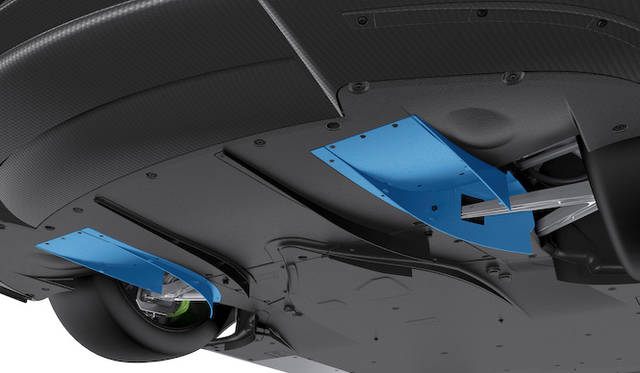 porsche_918_spyder_083 グランドエフェクト効果をコントロールするフロントアクスル手前のアンダーフロアに設けられた2個のエアフラップ
