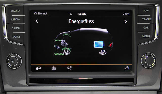 センターパネルにエネルギー利用状況を表示するモードもそなわる。ブレーキによる回生をしめす