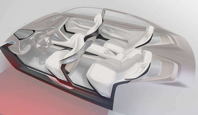 インリアは、レザーをのぞくと、ボディ構造のカーボン、ウッド、ディスプレイといったパーツがおもな部分をしめる。このイラストはボディ構造のカーボン部分を強調