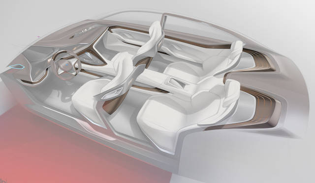 インリアは、レザーをのぞくと、ボディ構造のカーボン、ウッド、ディスプレイといったパーツがおもな部分をしめる。このイラストはウッド部分を強調