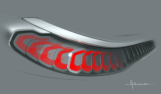 リアライトに採用された有機ELは、厚さわずか400nm。しかも通常のLEDのように点の発光ではなく、面全体が発光するので反射板が不要だという