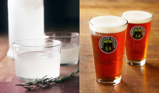 <strong>Brooklyn Parlor OSAKA｜ブルックリンパーラー大阪</strong>　左／レモネード グラス600円、デキャンタ 1300円、右／BROOKLYN BREWERY Regular (330ml) 700円