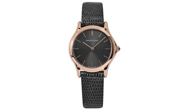 SSケース、ケース経28mm、クオーツムーブメント、ダークグレーリザードストラップ、3気圧防水