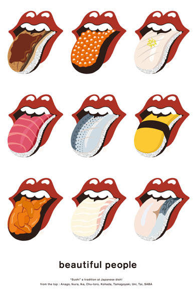 「ビューティフル ピープル×ザ・ローリング・ストーンズ」“tongue logo”の舌を寿司ネタに置きかえたオリジナルのデザイン