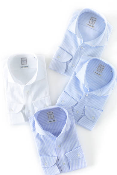 <strong>「クールパステル」</strong>　低速での“絡み織り”という特殊な織り方によって、鹿の子にも似た仕上がりで、熱がこもらない通気性とストレッチ性をもち、天然繊維でありながら清涼感があるシャツは、この夏の即戦力！<br />絡み織りシャツ各1万4040円（阪急メンズ限定）（HITOYOSHI／阪急メンズ東京地下1階）