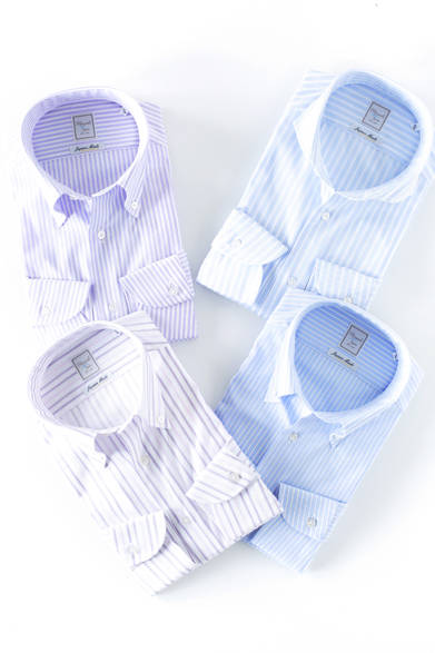 <strong>「クールパステル」</strong>　生地の産地である浜松の工場で、低速織機により別注で織った綿麻を使用したシャツ。通常の綿麻生地よりも細番手で柔らかい生地が特徴だ。<br />綿麻シャツ各1万4040円（阪急メンズ限定）（HITOYOSHI／阪急メンズ東京地下1階）