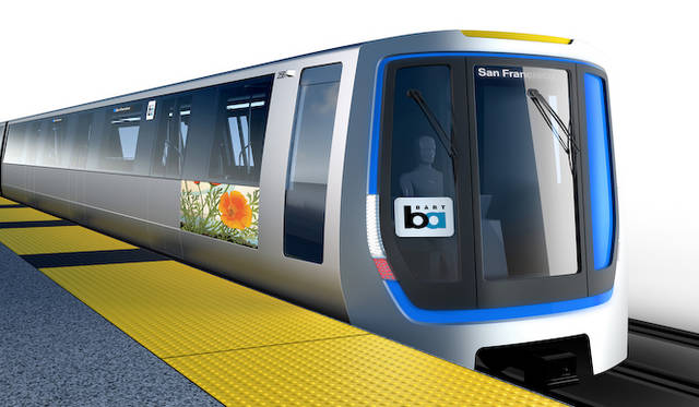 サンフランシスコ近郊の都市を結ぶアメリカの鉄道BART（Bay Area Rapid Transit）に向けた、初期の新型車両イメージ。デザインの協業は2011年に発表され、2017年までには実用開始予定とされている