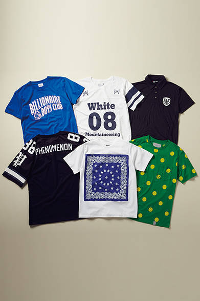 左上から時計回りに、<strong>BILLIONAIRE BOY CLUB（ビリオネアボーイズクラブ）</strong>　Tシャツ6480円（阪急メンズ東京4階 ガラージュ D.エディット）、<strong>WHITE MOUNTAINEERING（ホワイトマウンテニアリング）</strong>　Tシャツ9720円（阪急メンズ東京4階 ガラージュ D.エディット）、<strong>BRIGHT THINGS（ブライトシングス）</strong>　ポロシャツ9990円（阪急メンズ東京4階 ガラージュ D.エディット）、<strong>MARKAWARE（マーカウエア）</strong>　Tシャツ1万800円（阪急メンズ東京4階 ガラージュ D.エディット）、<strong>NUMBER(N)INE（ナンバーナイン）</strong>　Tシャツ8640円（阪急メンズ東京4階 ガラージュ D.エディット）、<strong>PHENOMENON（フェノメノン）</strong>　Tシャツ1万9440円（阪急メンズ大阪2階 ガラージュ D.エディット）※すべて6月25日（水）発売予定