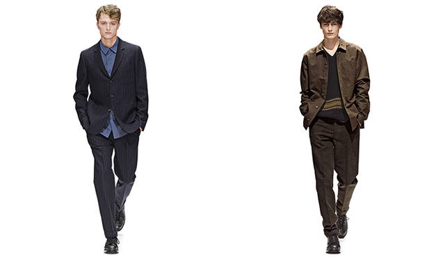 LOOK3（写真左）「このルックは、イケメン王道スタイルかな（笑）。このスタイリングもシャツの裾を出しているのですが、パンツ裾丈をちょっと長めにしています。インナーのシャンブレーシャツをノータイで着ているのも、変化があって面白い」<br />LOOK4（写真右） 「素材と色合いからも英国らしいカントリーテイストを感じます。でも同時にモダンな雰囲気を漂わせているのがマーガレット・ハウエルらしいですよね。ややハイウエストでテーパードのきいたパンツを、ボリューム感のあるシューズと合わせているのもいいですね」