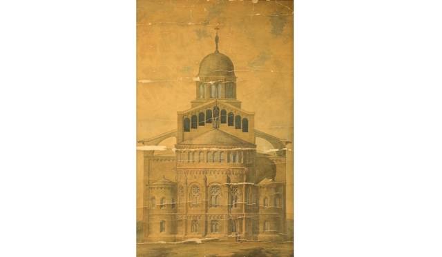 <strong>ART｜『特別展 ガウディ×井上雄彦 -シンクロする創造の源泉-』</strong>　アントニ・ガウディ　≪モンセラー（ムンサラー）修道院付属聖堂、頭部側立面図≫　1876年作原画の複製　©Abadia de Montserrat 