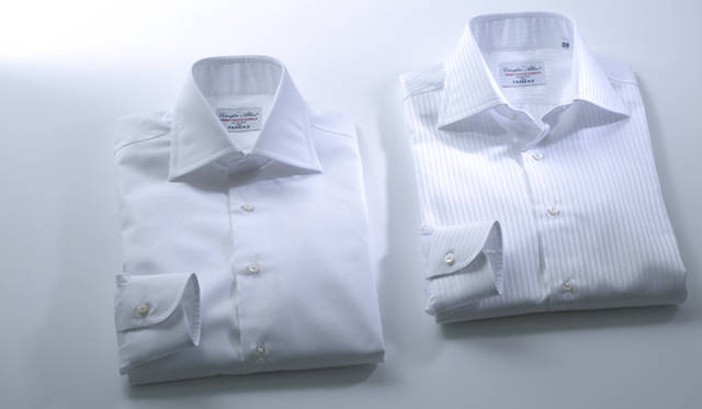 左から、ピンオックスフォードシャツ1万4040円、ドビーストライプシャツ1万4040円（ともにフェアファクス）