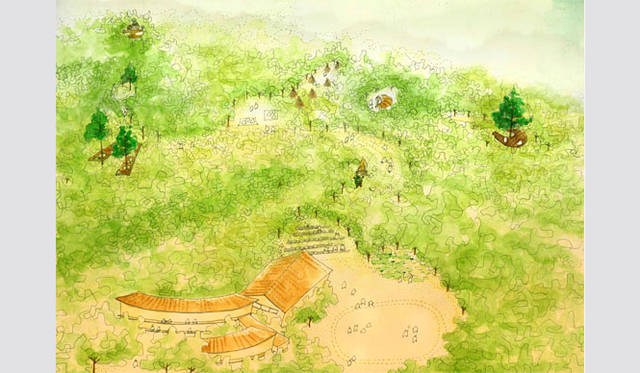 <strong>森の学校｜C.W.ニコル</strong>　森の尾根沿いにアクティビティサイトや木や鳥を観察できる場所が点在する「復興の森、森の教室プラン」（一般財団法人C.W.ニコル・アファンの森財団提供）