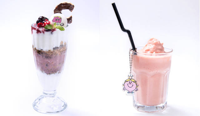 <strong>「SUNDAY JAM × MR. MEN LITTLE MISS CAFE(サンデージャム×ミスターメン リトルミス カフェ)」</strong><br>左／LITTLE MISS CHATTERBOXのアサイーボウルパフェ1026円、右／LITTLE MISS PRINCESSのピンキーベリースムージー972円　© 2014 THOIP
