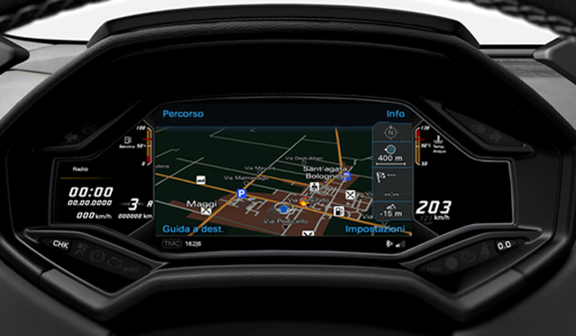 ウラカンに搭載される12.3インチのTFT液晶パネル。切替可能なスクリーンモードが3種類用意されている