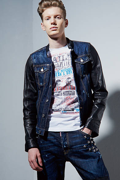 <strong>DSQUARED2（ディースクエアード）</strong>　レザー切替えブルゾン21万3840円 ［阪急メンズ先行販売］、Tシャツ2万4840円、デニムパンツ10万5840円（ディースクエアード／阪急メンズ東京2階）