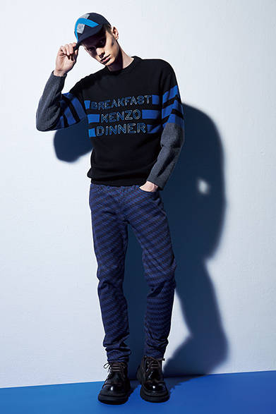 <strong>KENZO（ケンゾー）</strong>　セーター5万2920円 ［阪急メンズ限定］、パンツ5万2920円、キャップ3万6720円、［シューズ参考商品］（ケンゾー／阪急メンズ東京4階）