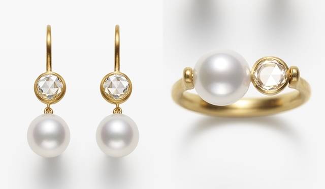 <strong>TASAKI｜真珠とダイヤモンドを用いた多彩な新作ジュエリー登場</strong><br />TASAKI by MHT：「カリスト」　ピアス [YG K22、あこや真珠、ダイヤモンド]　60万円（税抜）、リング [YG K22、あこや真珠、ダイヤモンド]　55万円（税抜）