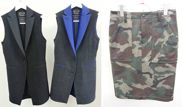 左／スリーブレス チェスターコート 5万6160円,右／カモフラージュ スカート2万3760円