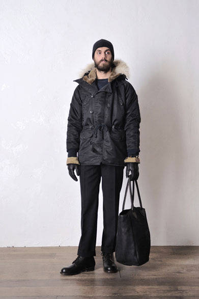 JACKET 15万1200円、SWEAT 2万3760円、TROUSER 3万4560円、KNITCAP 1万1340円、BAG 5万2920円、GLOVE 3万0240円、BOOTS 8万7480円