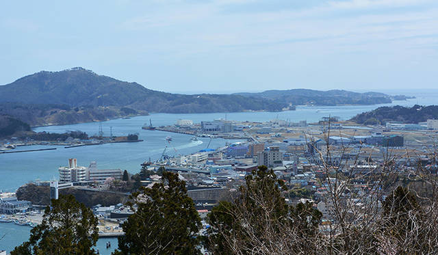 安波山から眺めた気仙沼の市街地。瓦礫（がれき）の処理が終わり、かさ上げした更地が見える
