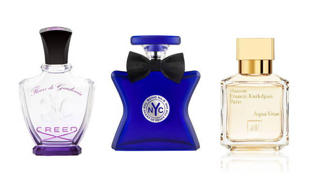 <strong>日本フレグランス協会</strong>　第5回 「日本フレグランス大賞」 各賞発表　<strong>ベスト・ボトルデザイン・オブ・ザ・イヤー</strong><br />左から、“ラグジュアリー：レディース” <strong>「クリード」オードパルファム フルール ド ガーデニア</strong>（ブルーベル・ジャパン 香水・化粧品事業本部）、“ラグジュアリー：メンズ” <strong>「ボンド・ナンバーナイン」セント・オブ・ピース フォーヒム オードパルファム</strong>（ブルーベル・ジャパン 香水・化粧品事業本部）、“ラグジュアリー：ユニセックス” <strong>「メゾン フランシス クルジャン」アクア ヴィタエ オードトワレ</strong>（ブルーベル・ジャパン 香水・化粧品事業本部）