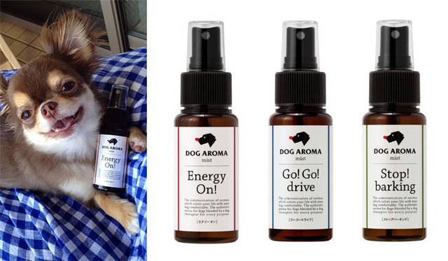 <strong>Takakura｜たかくら新産業</strong>　左／ドッグアロマミスト<strong>「Energy On!」</strong>　は集中力ややる気がなく、元気がない犬に。エネルギーを与え、活力アップをサポートする、ローズマリーやレモングラスを配合した、すっきりした香りのブレンド。「DOG AROMA」Energy On!（50mL）1296円、中／<strong>「Go! Go! drive」</strong>　はクルマに乗ると酔ったり緊張してしまう犬にオススメ。精神面にエネルギーを与え気分を明るくする、ミントを中心とした爽やかな香りのブレンド。「DOG AROMA」Go! Go! drive（50mL）1296円、右／<strong>「Stop! barking」</strong>は無駄吠えしたり、唸るなど、神経質で興奮しやすい犬に。平和な感情をいだかせる、ラベンダーと柑橘系の落ち着いたやさしい香りのブレンド。「DOG AROMA」Stop! barking（50mL）1296円、右／