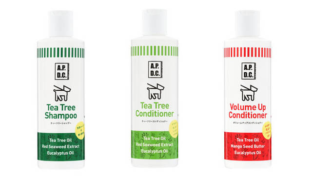 <strong>Takakura｜たかくら新産業</strong>　左／「A.P.D.C.」ティーツリーシャンプー（500mL）2160円、中／「A.P.D.C.」ティーツリーコンディショナー（500mL）2160円、右／「A.P.D.C.」ボリュームアップコンディショナー（500mL）2160円
