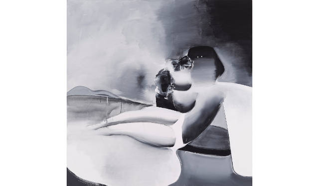 《At the Weekend, Dark Clouds Hang Low》　2014 年 アクリルグワッシュ、ジェッソ、カンヴァス 116.7 ×116.7 cm