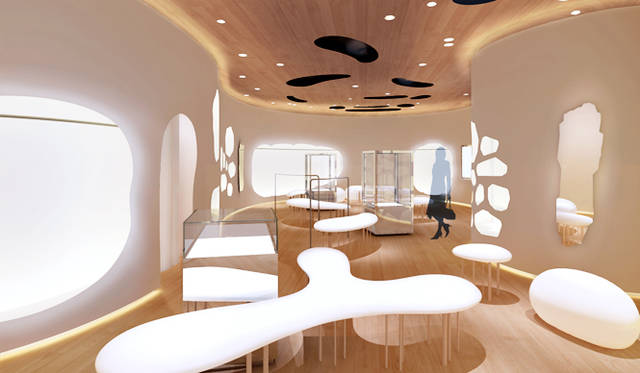 根と実と花が育つための大本になるソイル（土壌）と水の関係を、内装に表現