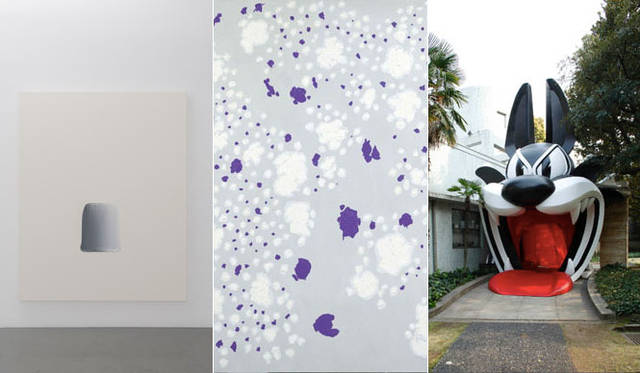 左／<strong>李 禹煥</strong>「Dialogue」（2013年）キャンバスに油彩　撮影：表恒匡 | SANDWICH　Courtesy of SCAI THE BATHHOUSE、中／<strong>中西夏之</strong>「グレーの中の白い旋回 –III（White Revolving in Gray –III）（2011）Oil on canvas　Courtesy of SCAI the bathhouse、右／<strong>ニコラ・ビュフ</strong>「ニコラ ビュフ：ポリフィーロの夢」原美術館における展示風景（2014年）©Nicolas Buffe　撮影：木奥惠三