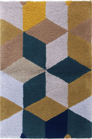 「北欧の太陽」　写真＝玄関マット（60×90cm）3万8880円、エリアラグ（100×150cm）10万8000円、ラグ (150×200cm) 21万6000円（毛100％・フック織・日本製）