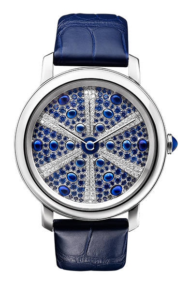 自動巻き、18KWGケース、ダイヤモンド、ブルーサファイア、アリゲーターストラップ、ケース径41mm、1031万4000円<br /><br />ブシュロン カスタマーサービス<br />Tel. 03-5537-2203