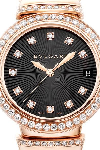 自動巻き、18KPGケース、ダイヤモンド、ピンクストーン、ケース径33mm、459万円<br /><br />ブルガリ ジャパン<br />Tel. 03-6362-0100