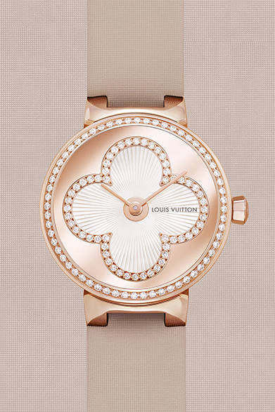 自動巻き、18KPGケース、ダイヤモンド、MOP、ヌードサテンストラップ、ケース径35mm、414万7200円<br /><br />ルイ・ヴィトン カスタマーサービス<br />Tel. 0120-00-1854