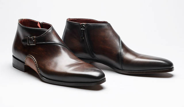 <strong>「MAGNANNI（マグナーニ）」</strong>　目を引く“オパンケ仕様”と、返りが良くて柔らかい穿き心地のボロネーゼ製法は、マグナーニならでは。メンズでは珍しいブーティ的な高さで、内側にジップ付きなのもデザインの特徴。7万5600円