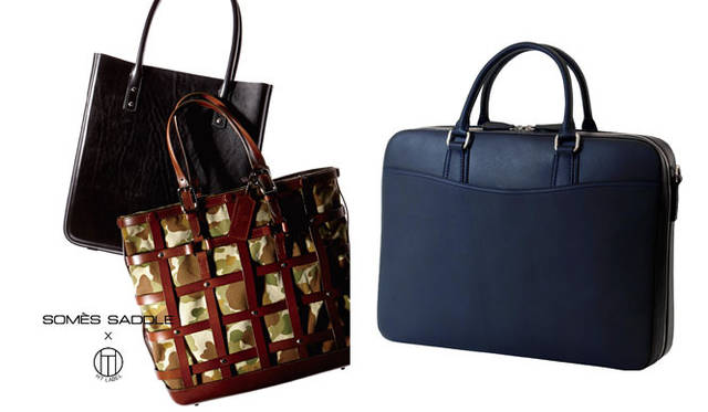左／デビューコレクション（2014年春夏コレクション）　上・「BENTO」10万8000円、下・「CAGE」11万8800円<br>右／本イベント先行販売商品「SOMÈS SADDLE INNOVATION NAVY」5万4000円