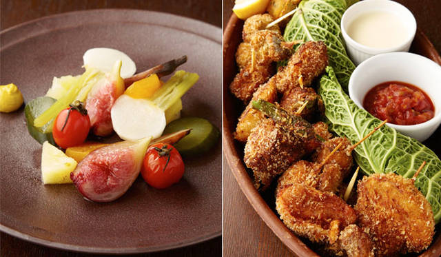 <strong>BLUE NOTE｜ブルーノート・ジャパン</strong>　「BLUE BOOKS cafe 自由が丘」左／季節野菜とピクルスの盛り合わせ 800円～、右／串揚げ盛り合わせ 1944円