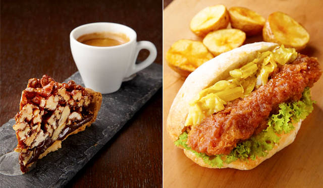 <strong>BLUE NOTE｜ブルーノート・ジャパン</strong>　「BLUE BOOKS cafe 自由が丘」左／クルミのタルトとプチコーヒー 648円、右／カツレツサンドウィッチ 1080円