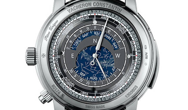 複雑機構のそれぞれの調整は、以下のとおり。時と分の調整╱リューズ(2ポジション)、ムーンフェイズの調整╱ケースのプッシュピースで操作、永久カレンダーの調整╱ケースに2つのプッシュピースで調整、恒星ディスクの調整╱スクリュー式プッシュピースおよびリューズで調整。