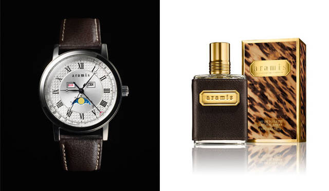 左／ホリデー限定の時計「アラミス ムーンフェイズ ウオッチ」7560円（条件つき）。右／50周年を迎えるトワレの限定パッケージ「アラミス オーデ トワレ ナチュラル スプレィ」1万1880円、ともに11月28日（金）数量限定発売