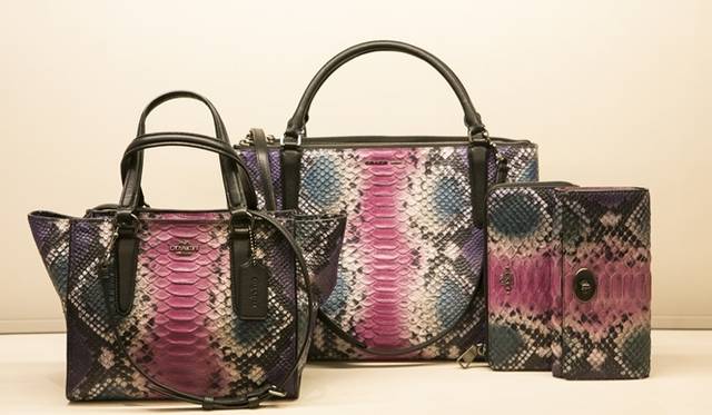 (左より）Multi Python Mini Crosby Carryall　8万2000円、Multi Python Borough 16万円、Multi Python Accordion Zip 4万5000円、Multi Python Slim Envelope on Chain 4万8000円（新宿店限定、すべて税抜）