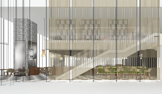 「sensi by Heinz Beck」は、6.5メートルの吹き抜けとガラス面で覆われた開放的な空間が特徴的