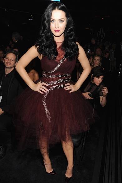 <strong>Katy Perry｜ケイティ・ペリー</strong><br /><br />ケイティ・ペリーはグラミー賞のアフターパーティーにヴァレンティノのドレスで登場。スネークのモチーフを纏ったバーガンディのチュチュドレスに、同色のパンプスを合わせて、可愛らしさと遊び心をミックスしたコーディネイトに。