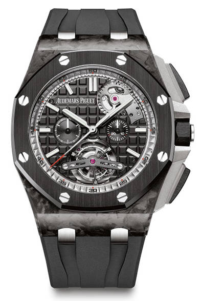 01 <strong>AUDEMARS PIGUET |オーデマ ピゲ<br />ロイヤル オーク オフショア オートマティック・クロノグラフ</strong><br /><br />自動巻き、フォージドカーボンケース、ケースサイズ直径44mm、100m防水、世界50本限定、価格2732万4000円。発売中。<br /><br />オーデマ ピゲ ジャパン<br />Tel. 03-6830-0000<br />http://www.audemarspiguet.com/jp/