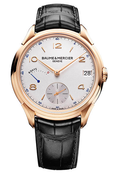 04 <strong>BAUME & MERCIER|ボーム&メルシエ</strong><br /><strong>クリフトン エイトデイ パワーリザーブ</strong><br /><br />手巻き、レッドゴールドケース、ケースサイズ45mm、5気圧防水、価格未定。<br /><br />ボーム&メルシエ<br />Tel. 03-3288-6335<br />http://www.baume-et-mercier.jp/