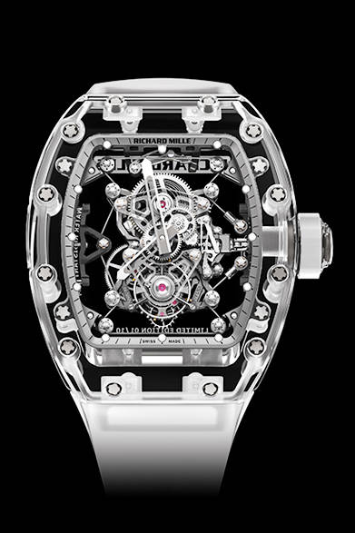 50 <strong>RICHARD MILLE|リシャール・ミル<br />RM 56-02 トゥールビヨン サファイア</strong><br /><br />手巻き、サファイアクリスタルケース、ケースサイズ縦50.50mm×横42.7mm、30m防水、世界10本限定、予価1億9100万円。<br /><br />リシャールミルジャパン<br />Tel. 03-5807-8162<br />http://www.richardmille.jp