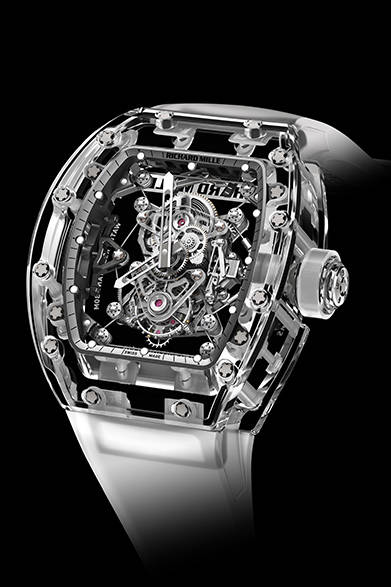 51 <strong>RICHARD MILLE|リシャール・ミル<br />RM 56-02 トゥールビヨン サファイア</strong><br /><br />手巻き、サファイアクリスタルケース、ケースサイズ縦50.50mm×横42.7mm、30m防水、世界10本限定、予価1億9100万円。<br /><br />リシャールミルジャパン<br />Tel. 03-5807-8162<br />http://www.richardmille.jp