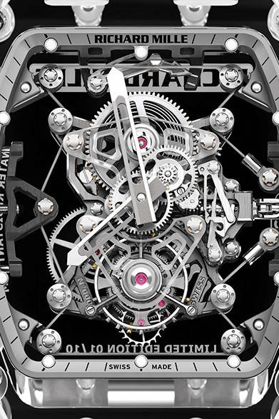 52 <strong>RICHARD MILLE|リシャール・ミル<br />RM 56-02 トゥールビヨン サファイア</strong><br /><br />手巻き、サファイアクリスタルケース、ケースサイズ縦50.50mm×横42.7mm、30m防水、世界10本限定、予価1億9100万円。<br /><br />リシャールミルジャパン<br />Tel. 03-5807-8162<br />http://www.richardmille.jp