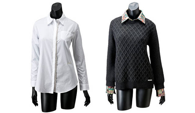 <strong>TOYO KITCHEN STYLE｜トーヨーキッチンスタイル</strong>　「La Couture TOYO KITCHEN STYLE」2014年秋冬デビューコレクション<br>左／Dress Shirt 4万1040円、右／Fake Layard Knit 3万4560円